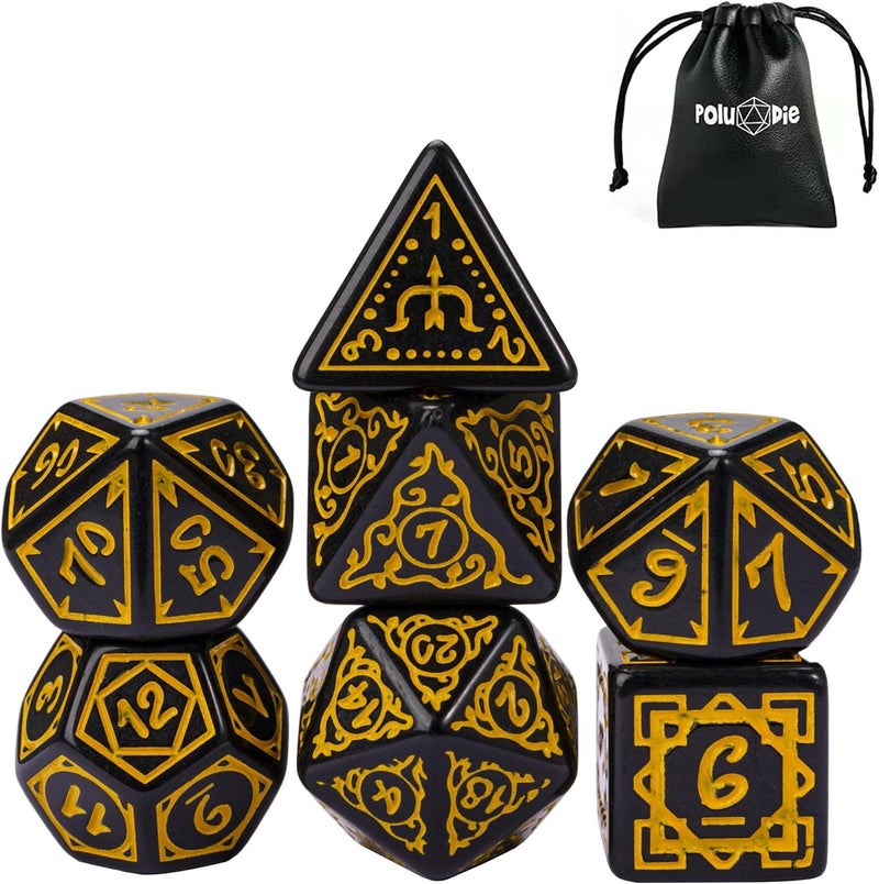 Poludie DND Dice Set -D&D Polyhedral Dice (7 Pcs) Druid Dice with Leather Dice Bag for Role Playing Dice Games RPGs(Druid - Black Yellow) - Image 1